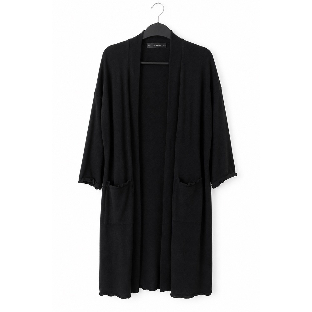 Zara Knit Black Long Open Front Duster Cardigan Sweater Pockets Women's S